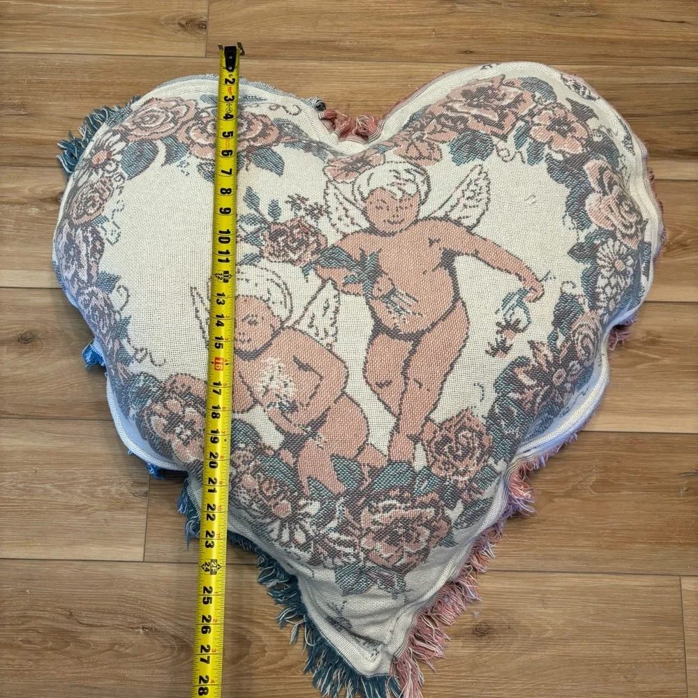 Oversized Vintage Quilt Tapestry Turned into Heart Shaped Cherub Pillow w Fringe